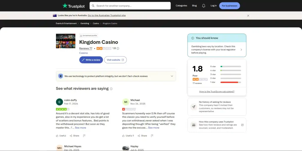 Current Kingdom Casino reputation summary on Trustpilot or Casino Guru