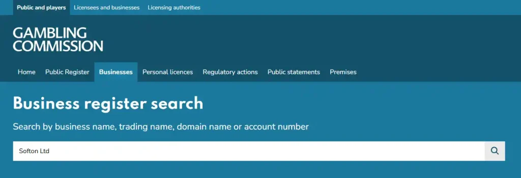 UK Gambling Commission public register search for Kingdom Casino, kingdomcasino.io or Softon Ltd