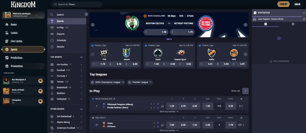 Kingdom Casino sportsbook navigation with real sports markets