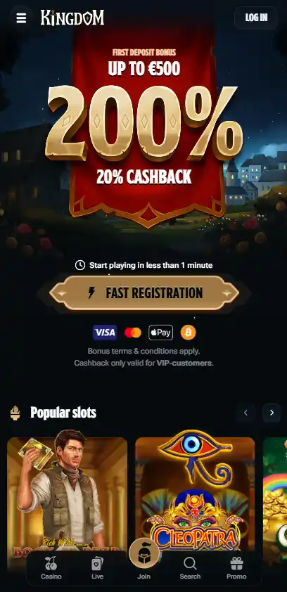 Kingdom Casino mobile browser home or lobby view on a smartphone