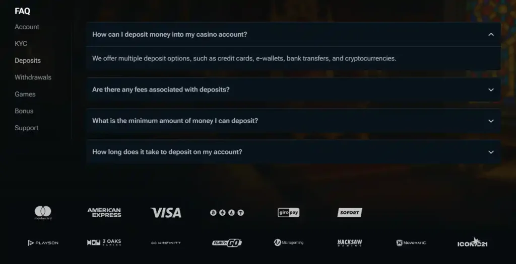 Kingdom Casino cashier showing real deposit methods and supported currencies