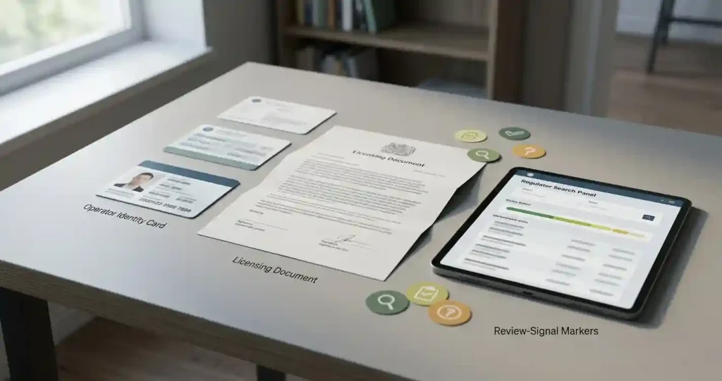 Editorial trust assessment with licence record, regulator register and review signals